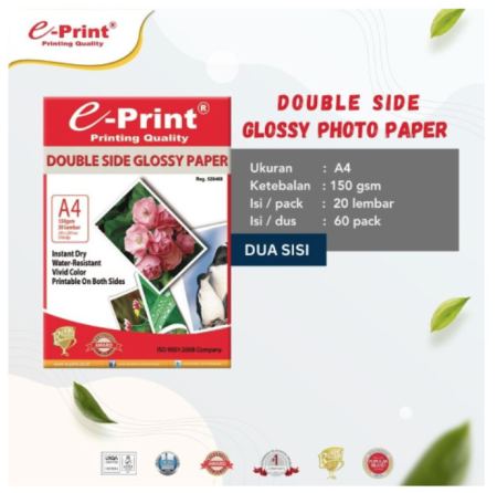 kertas-foto-double-side-glossy-photo-paper-e-print-a4-150-gsm-isi-20-lembar-instant-dry-tahan-air-vivid-color-pak