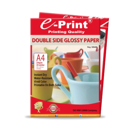 kertas-foto-glossy-double-side-glossy-photo-paper-e-print-a4-230-gsm-isi-20-lembar-instant-dry-tahan-air-vivid-color-pak