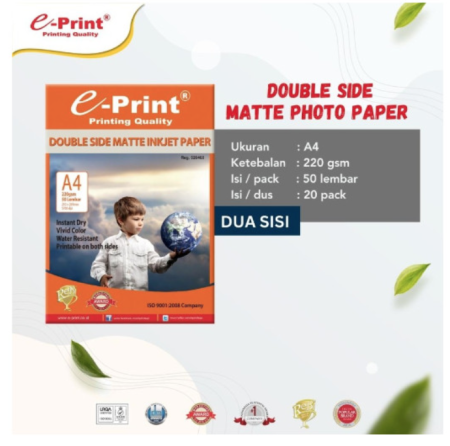 kertas-foto-double-side-matte-inkjet-photo-paper-e-print-a4-220-gsm-isi-50-lembar-instant-dry-tahan-air-vivid-color-pak
