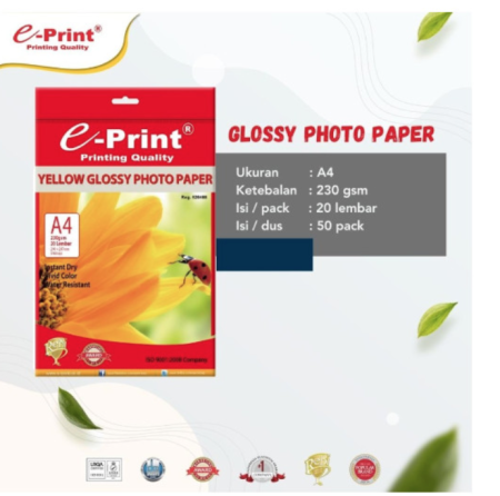 kertas-foto-yellow-glossy-photo-paper-e-print-a4-230-gsm-isi-20-lembar-instant-dry-water-resistant-pak